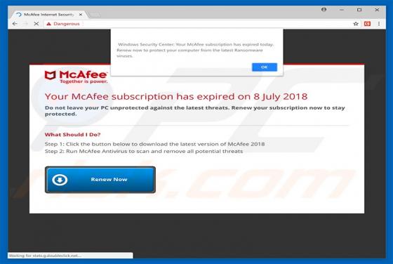 Estafa en pop-up Your McAfee Subscription Has Expired