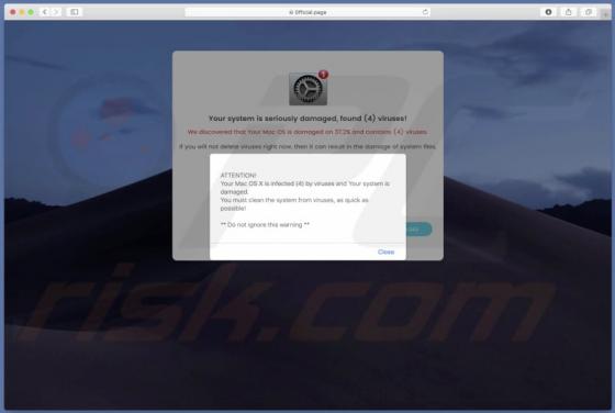 Estafa en pop-up Your System Is Seriously Damaged, Found (4) Viruses! (Mac)
