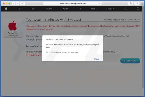 Estafa en pop-up Apple.com-shielding-devices.live (Mac)
