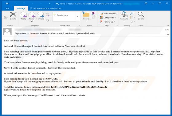 Estafa por e-mail de extorsión sexual Jeanson J. Ancheta