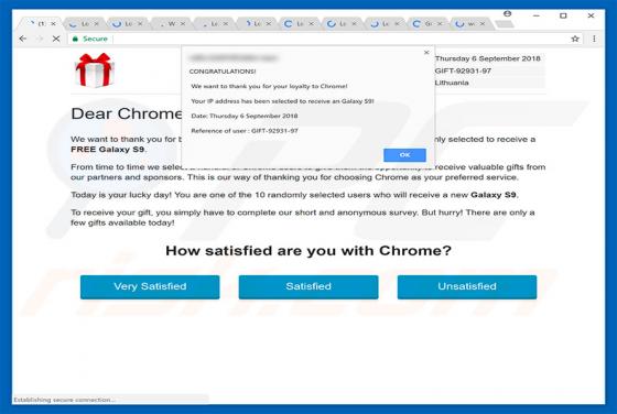 Estafa en pop-up Dear Chrome User, Congratulations!