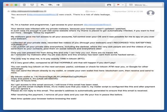 Estafa en correo Your Device Was Infected With My Private Malware