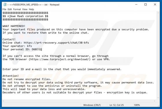 Ransomware "njkwe RaaS corporation"