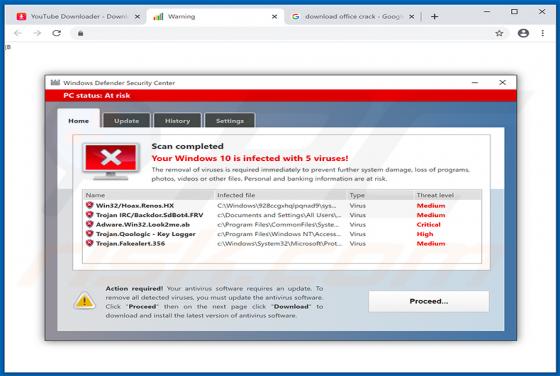 Estafa Emergente "Your Windows 10 Is Infected With 5 Viruses!"