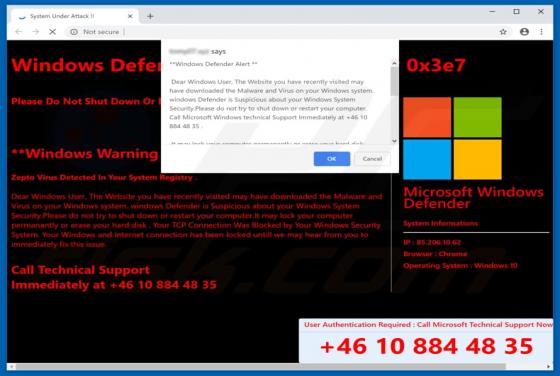 Estafa Ventana Emergente "Windows Defender Alert (0x3e7)"