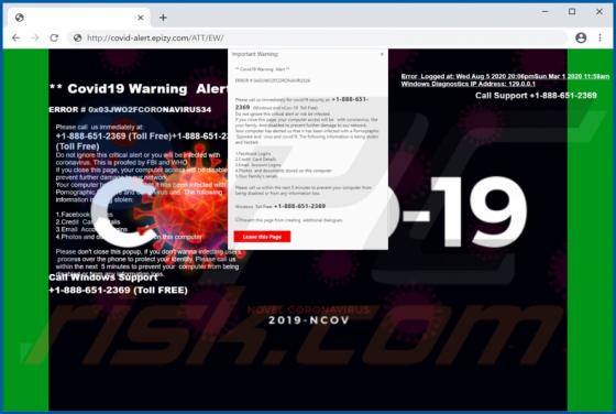 Estafa Ventana Emergente "Covid19 Warning Alert"